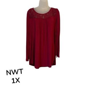 NWT  Chic Women's CRIMSON/WINE/RED Top w/Lace Detail  PLUS: 1X     #W